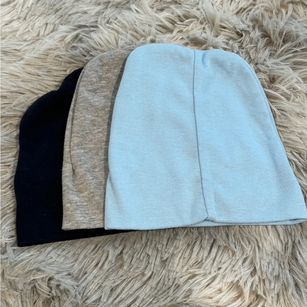 Set of Three Beanies in Blue, Gray, and Navy